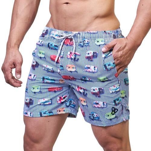 Beach Shorts - Navy Stripes Wheels [4193]