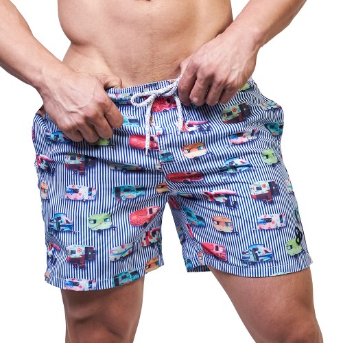 Beach Shorts - Navy Stripes Wheels [4193]